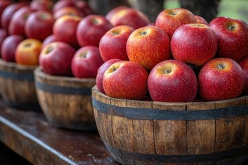 Ripe red apples in wooden baskets ready for harvest season at an orchard