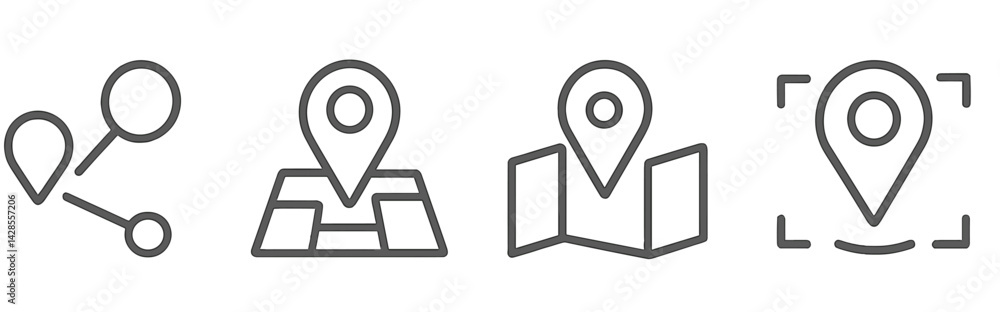 Poster set of icons in line style depicting location markers for mapping and navigation purposes
