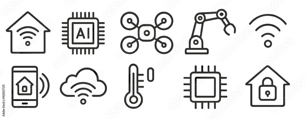 Poster collection of smart technology icons illustrating home automation and artificial intelligence in lin