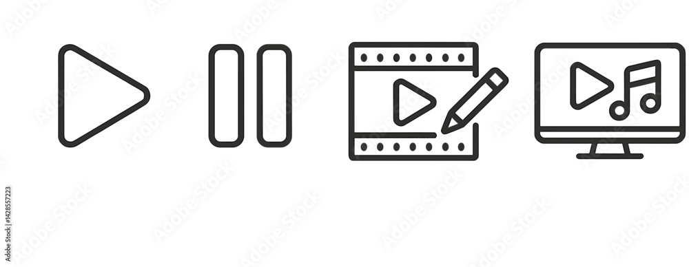 Poster set of line style icons representing play, pause, editing, and media display actions for digital con
