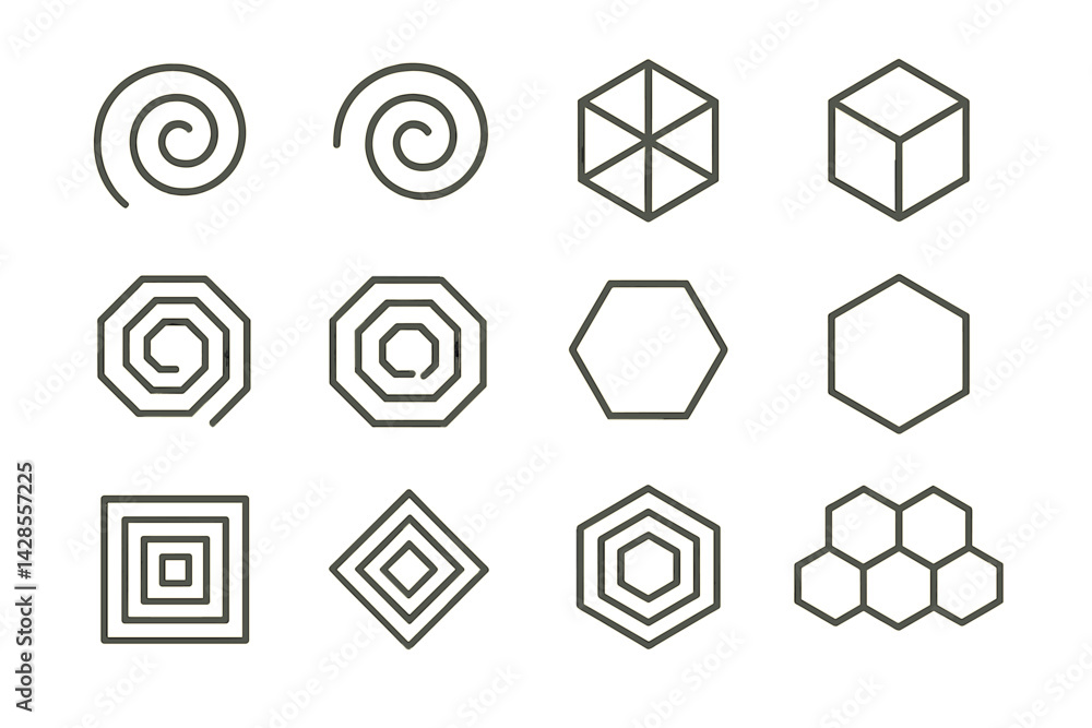 Poster set of icons featuring line style geometric shapes and patterns for design and illustration use
