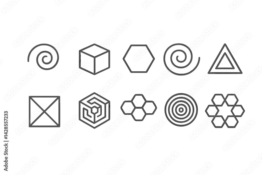 Poster set of line style icons representing various geometric shapes and patterns for design projects