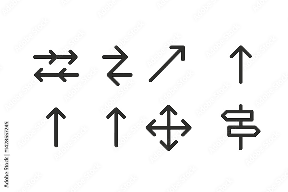 Poster set of line style icons depicting various directional arrows and flow symbols for design use and inf
