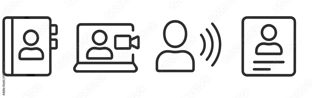 Poster icons depicting communication concepts such as contact, video call, and interaction in a clean line 
