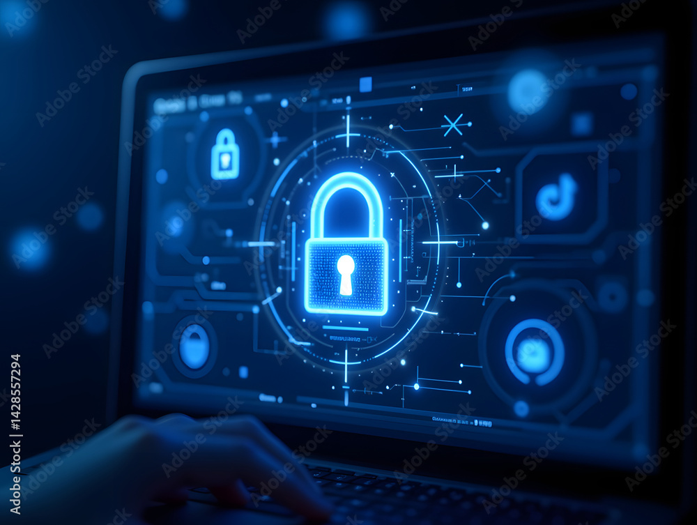 Poster internet financial property security illustration, protect network data hacker attack poster concept