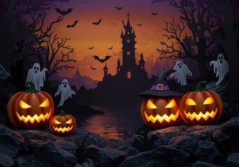 Halloween Pixel Art: Glowing Pumpkins and Spooky Castle