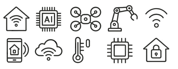 Collection of smart technology icons illustrating home automation and artificial intelligence in line design