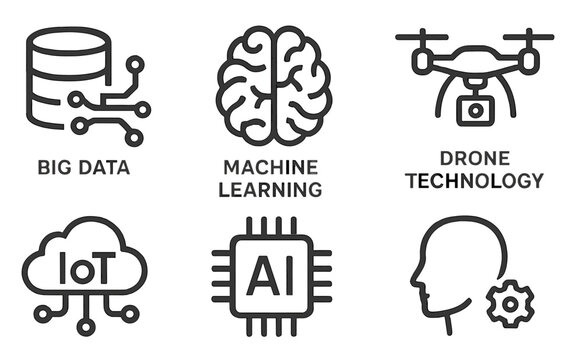Set of line style icons representing big data, machine learning, drone technology, IoT, AI, and human interaction with technology
