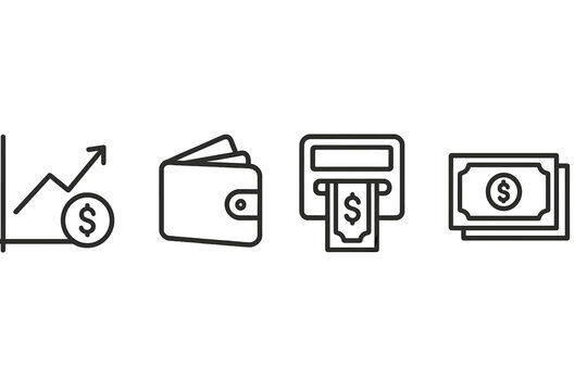 Set of line style financial icons illustrating money-related concepts such as growth, wallets, transactions, and cash