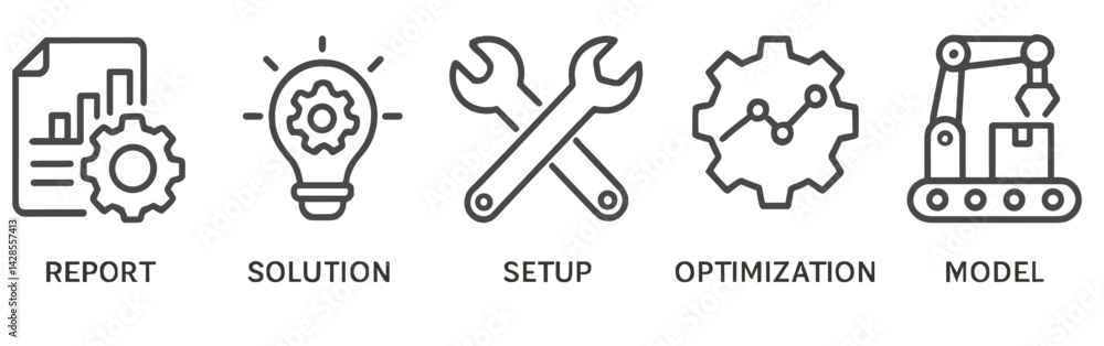 Poster icons depicting various concepts in line style suitable for reports, solutions, setups, optimization