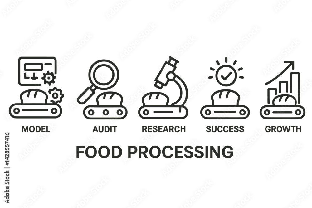Poster process and development stages in food processing illustrated with line style icons showcasing model