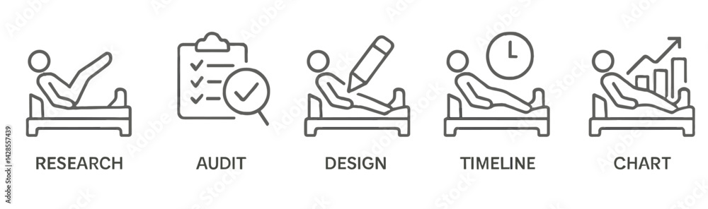 Aufkleber set of line style icons representing research, audit, design, timeline, and chart concepts in a mini