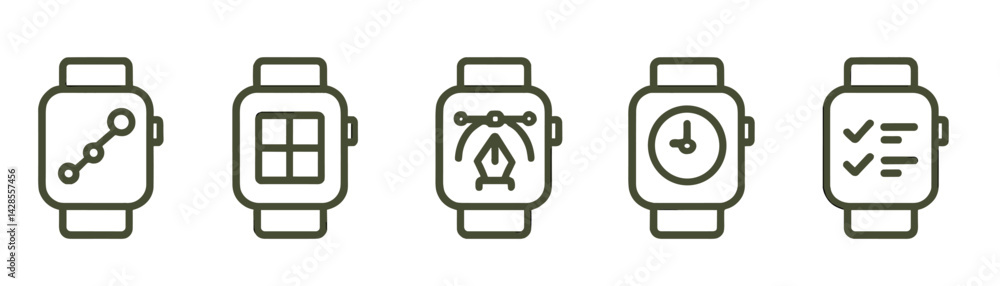 Poster set of icons depicting various functions for smartwatches in clean line style representation with si