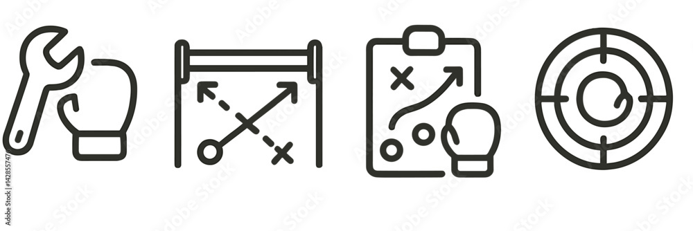 Poster icons depicting strategy and planning concepts in line style featuring tools and targets for effecti