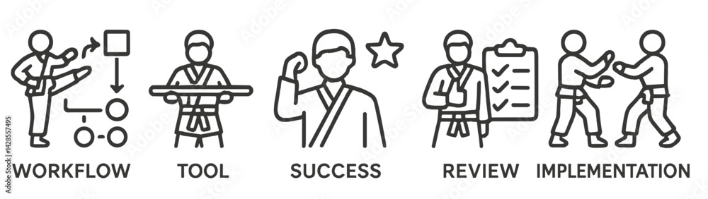 Poster set of icons representing successful workflow, tools, and implementation in a karate or martial arts