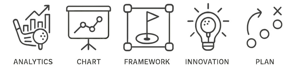 Set of line style icons representing analytics, chart, framework, innovation, and plan concepts for digital design projects