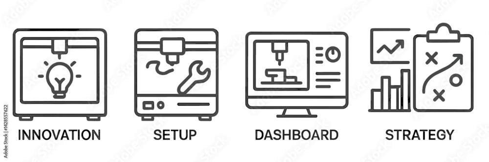 Poster exploring modern technology concepts with line style icons representing innovation, setup, dashboard