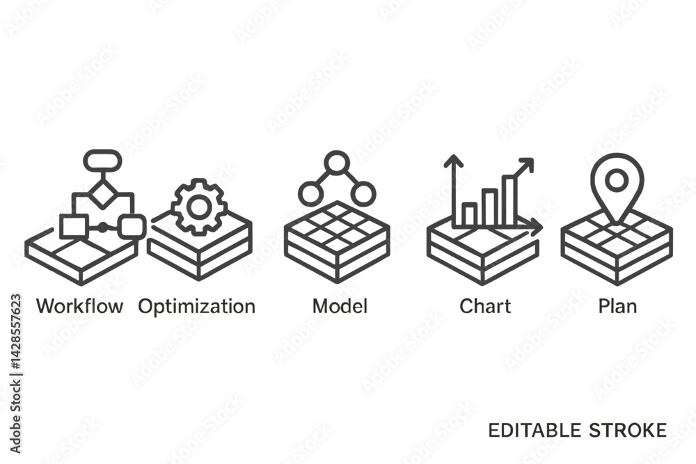 Poster icons representing workflow, optimization, modeling, charting, and planning in line style design for