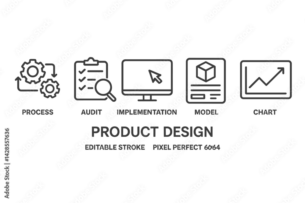 Poster process and design elements illustrated in line style icons for product development