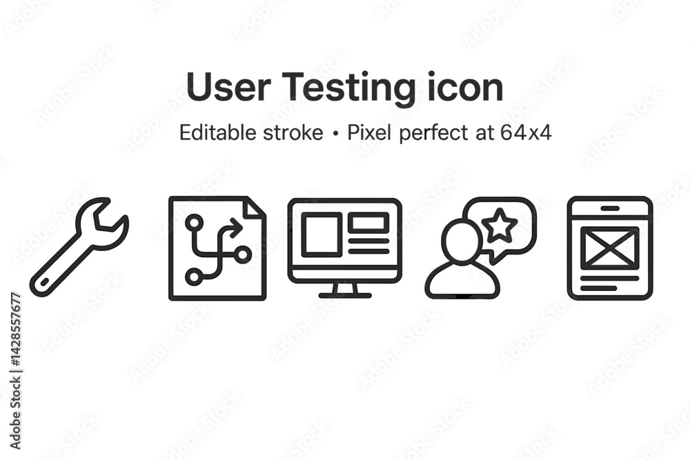 Poster user testing icons featuring tools, documents, and feedback in a clean line style for digital design