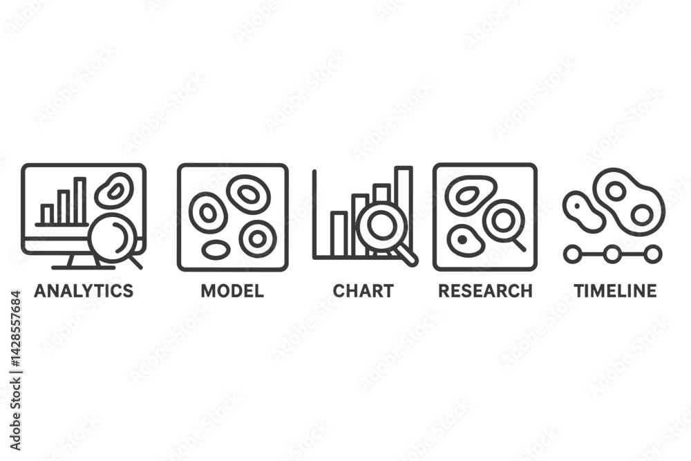 Poster set of icons designed in a line style representing analytics, modeling, charting, research, and time