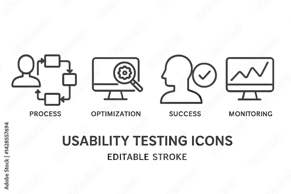 Poster usability testing icons featuring process, optimization, success, and monitoring in a minimal line s
