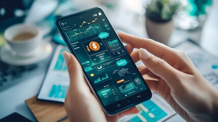 Smart Investing: Close-up shot of a person's hands interacting with a modern smartphone, displaying financial data charts, symbolizing modern investment and technology.