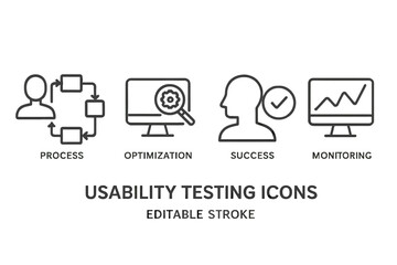 Usability testing icons featuring process, optimization, success, and monitoring in a minimal line style