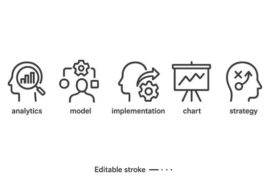 Icons representing analytics, model development, implementation processes, charting data, and strategic planning in line style