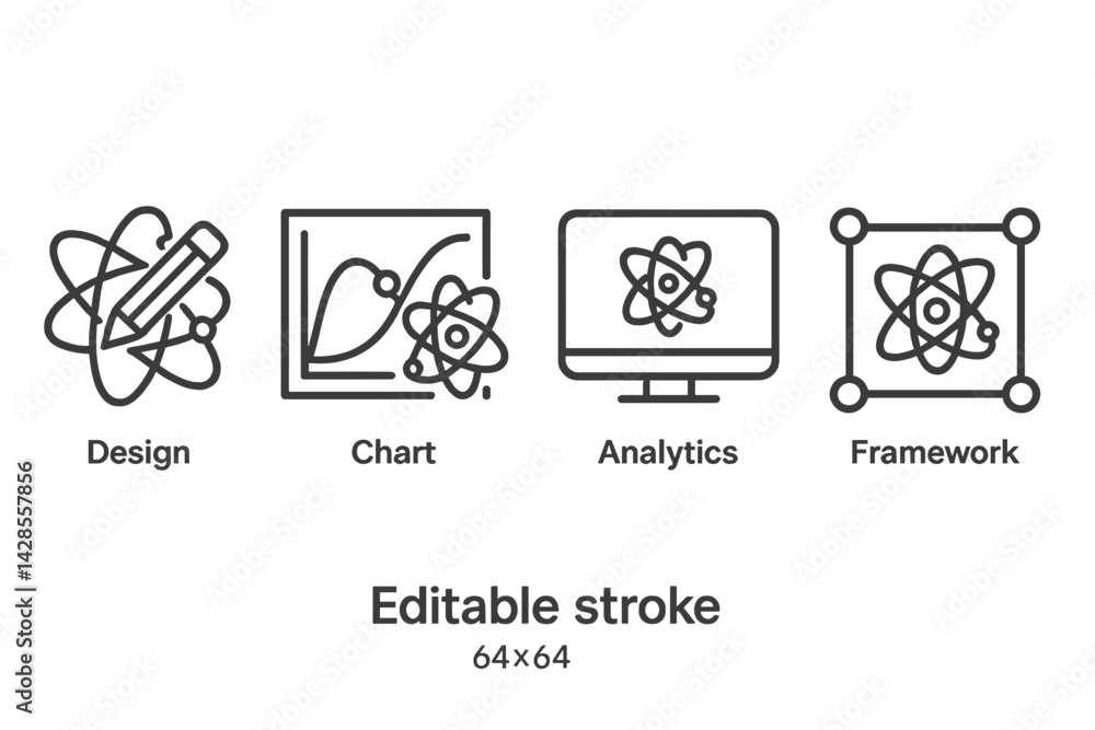 Poster set of line style icons representing design, chart, analytics, and framework for digital application
