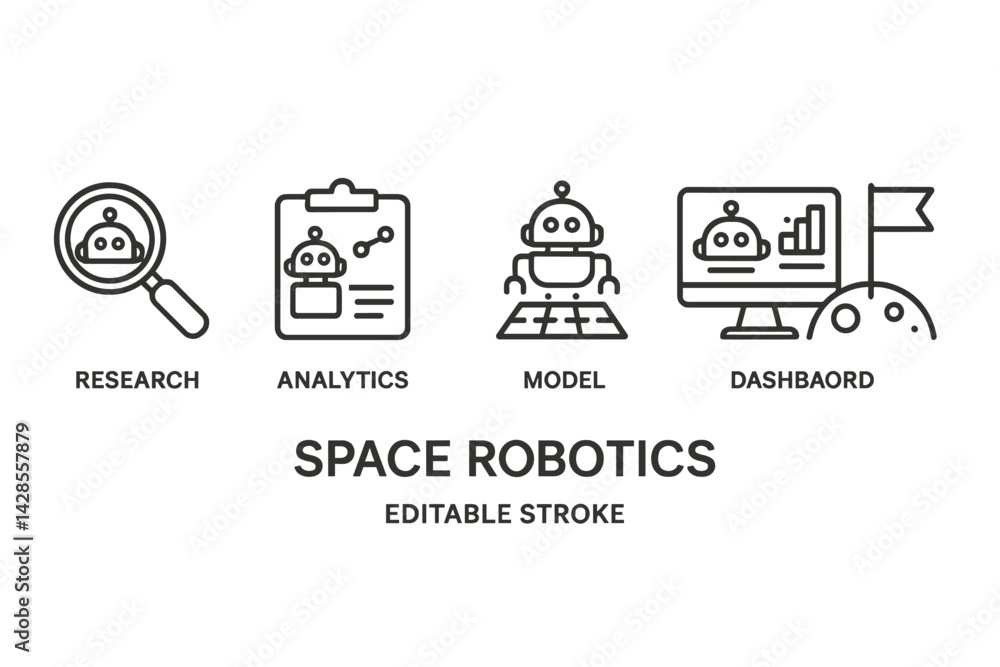 Poster set of icons depicting various aspects of space robotics including research, analytics, modeling, an