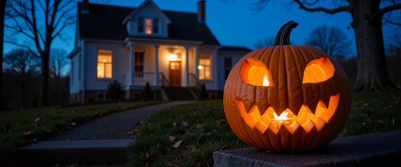 Classic jack-o'-lantern glowing on stone step at moonlit night, Halloween
