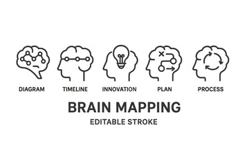 Brain mapping icons illustrating the concepts of diagram, timeline, innovation, plan, and process in an engaging line style design