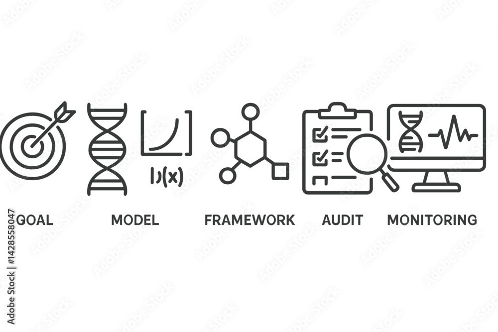 Poster set of icons representing various concepts in a clean line style for educational and professional pu