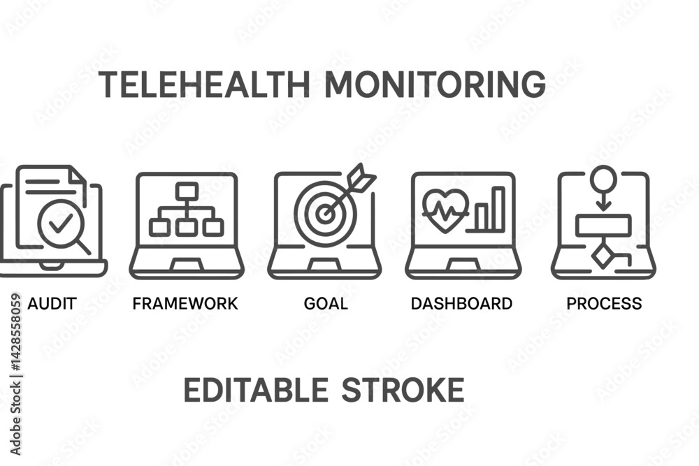 Poster set of icons illustrating telehealth monitoring concepts including audit, framework, goal, dashboard