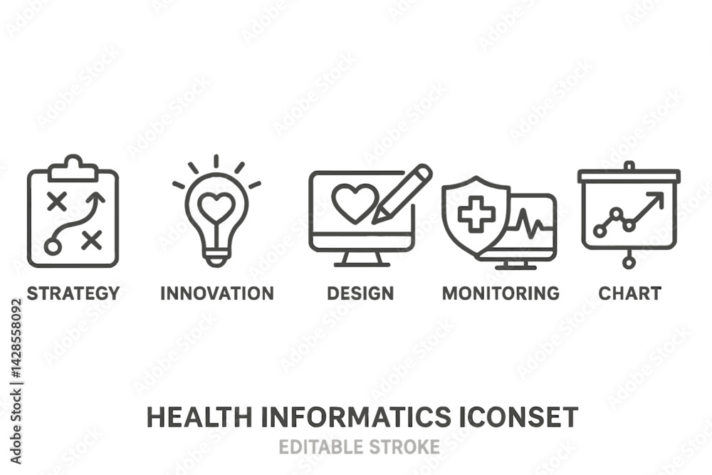 Poster health informatics icon set featuring strategy, innovation, design, monitoring, and chart elements i