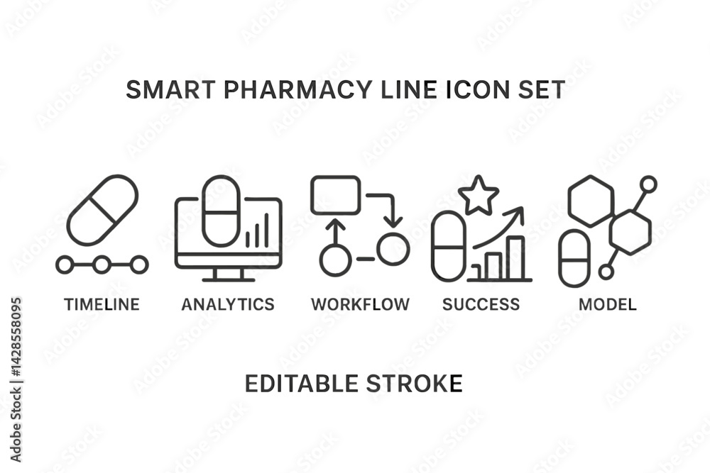 Poster line style icons representing smart pharmacy concepts for use in digital applications and presentati