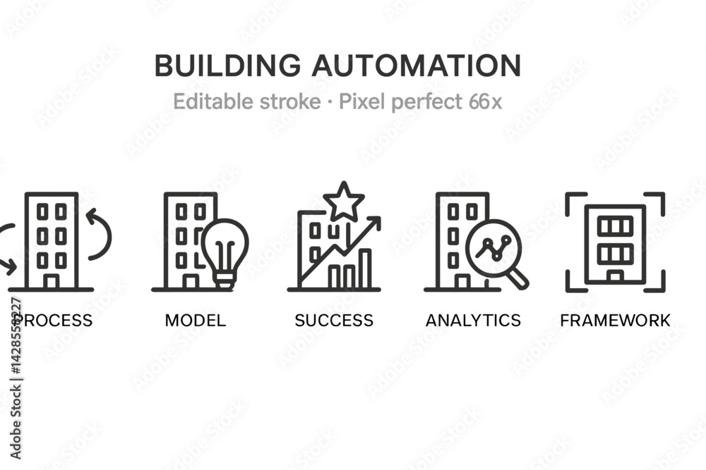 Poster icons representing concepts of building automation including process, model, success, analytics, and