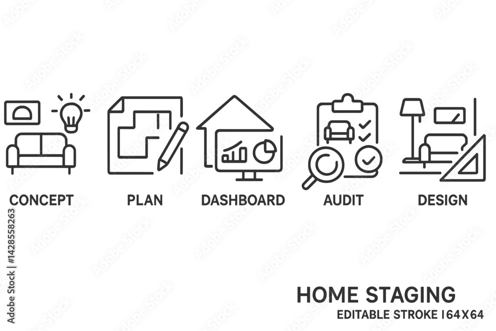 Poster home staging elements displayed through line style icons highlighting key design concepts and planni
