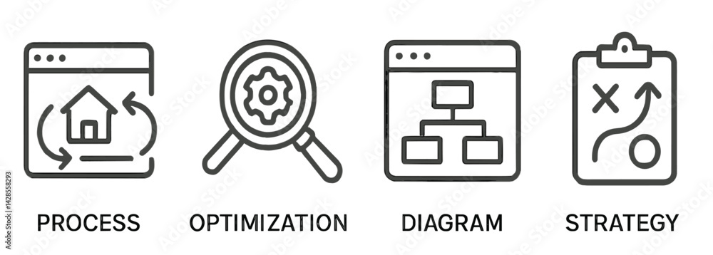 Poster set of line style icons representing process, optimization, diagram, and strategy for digital applic