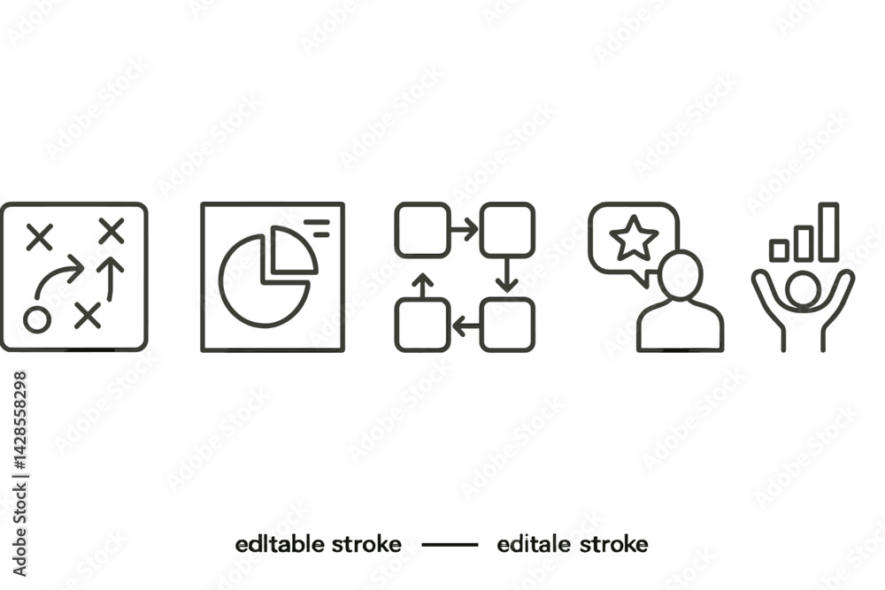 Poster set of line style icons depicting various concepts like strategy, data analysis, workflow, communica