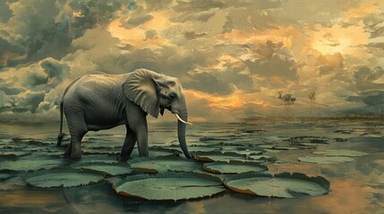 Fototapeta premium Two majestic African elephants wading through a river at sunset, their enormous silhouettes illuminated by golden light, surrounded by lush jungle vegetation and a serene tropical atmosphere, african 