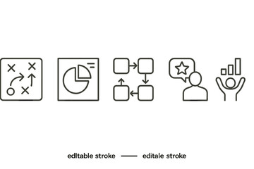 Set of line style icons depicting various concepts like strategy, data analysis, workflow, communication, and performance metrics