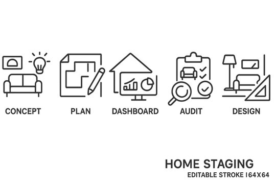 Home staging elements displayed through line style icons highlighting key design concepts and planning tools for interior spaces