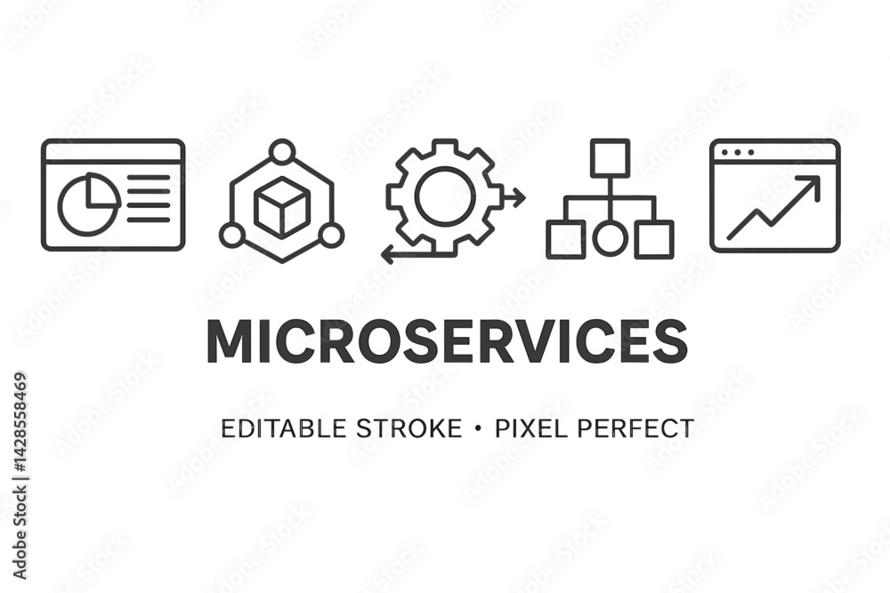 Poster set of line style icons representing microservices and their components for digital applications