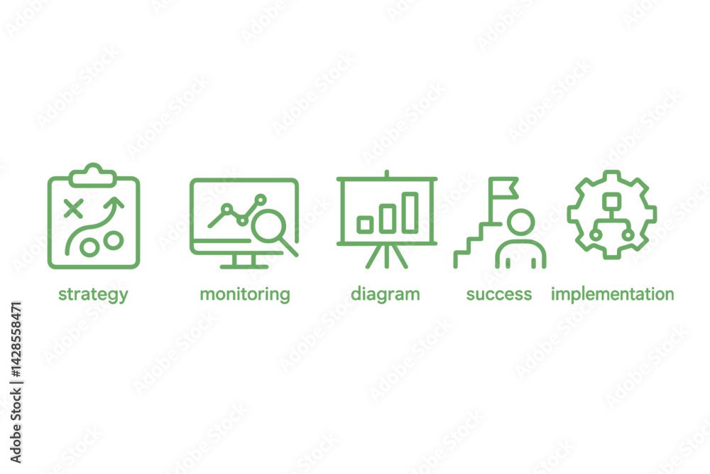 Poster icons representing essential concepts in business strategy and performance monitoring in a modern de