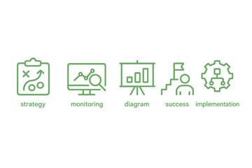 Icons representing essential concepts in business strategy and performance monitoring in a modern design style