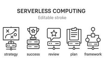 Set of line style icons representing serverless computing concepts and strategies for successful implementation in technology
