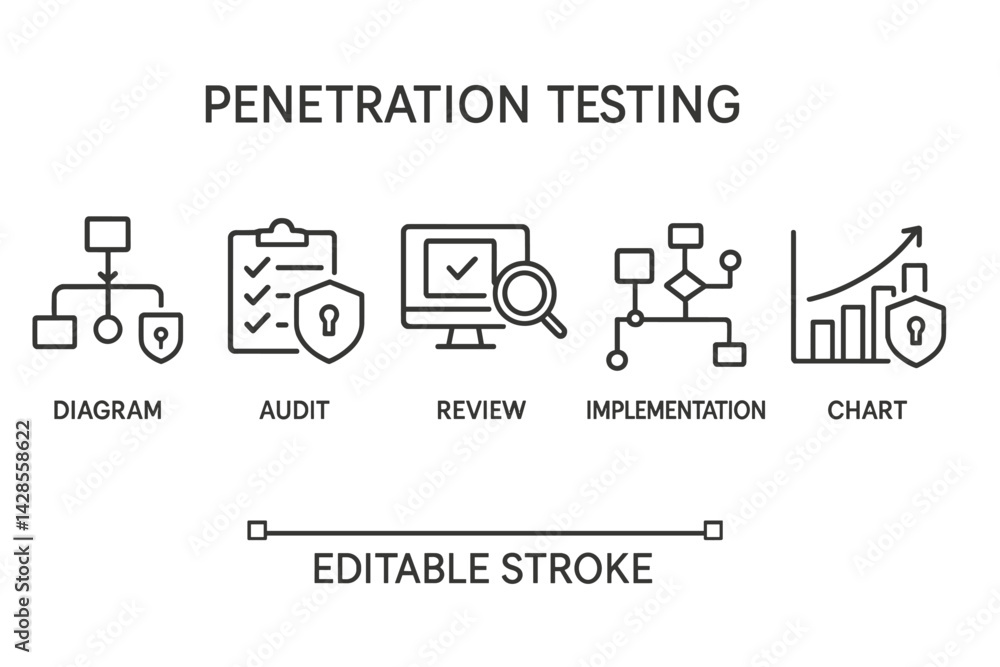 Poster detailed line style icons representing penetration testing processes including diagram, audit, revie