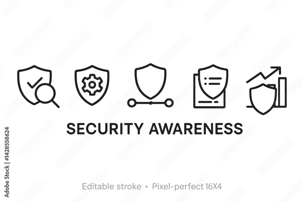 Poster set of line style icons representing security awareness concepts and practices for enhanced safety a